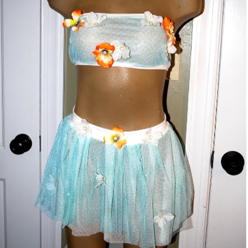 OOAK Green and white fairy - fae costume with silver overlay and flowers